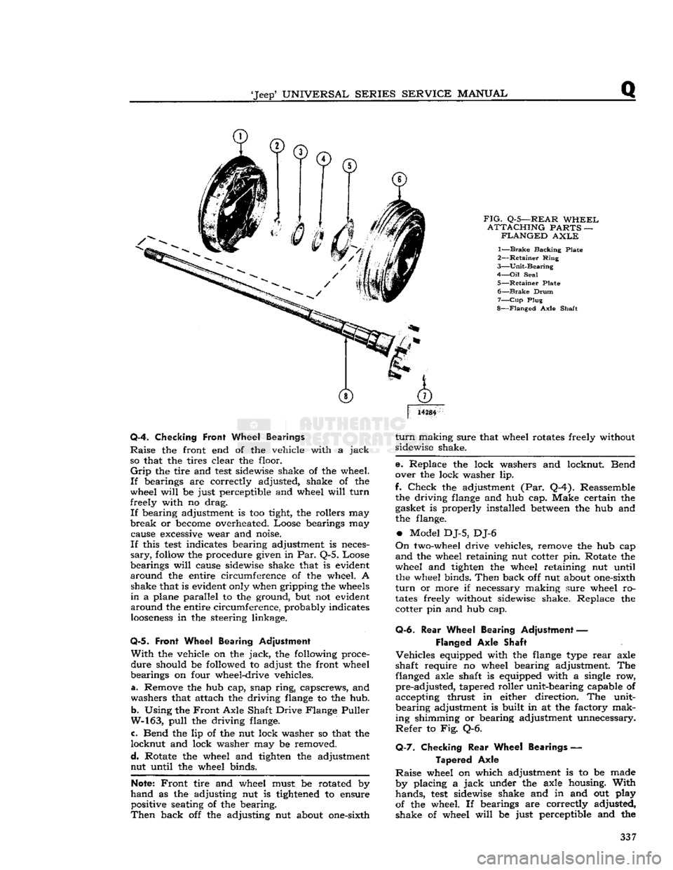 JEEP CJ 1953 Owners Manual 
Jeep
 UNIVERSAL
 SERIES SERVICE
 MANUAL 

FIG.
 Q-5—REAR
 WHEEL 

ATTACHING
 PARTS — 
 FLANGED
 AXLE 

1—
 Brake
 Backing Plate 

2—
 Retainer
 Ring 

3—
 Unit-Bearing 

4—
 Oil
 Seal 
