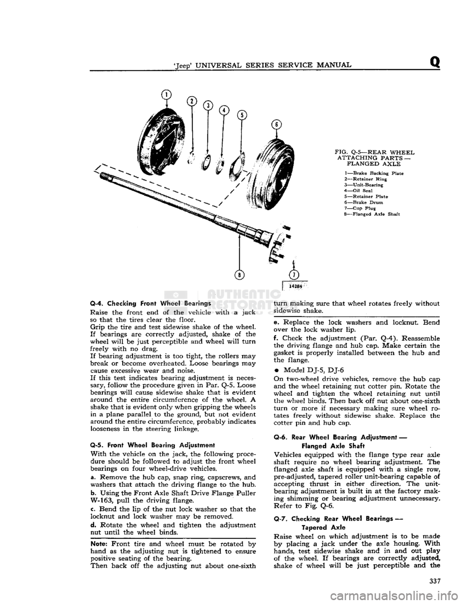 JEEP CJ 1953 Service Manual
Jeep
UNIVERSAL
SERIES SERVICE
MANUAL
FIG.
Q-5—REAR
WHEEL
ATTACHING
PARTS —
FLANGED
AXLE
1—
Brake
Backing Plate
2—
Retainer
Ring
3—
Unit-Bearing
4—
Oil
Seal
JEEP CJ 1953 Service Manual
Jeep
UNIVERSAL
SERIES SERVICE
MANUAL
FIG.
Q-5—REAR
WHEEL
ATTACHING
PARTS —
FLANGED
AXLE
1—
Brake
Backing Plate
2—
Retainer
Ring
3—
Unit-Bearing
4—
Oil
Seal