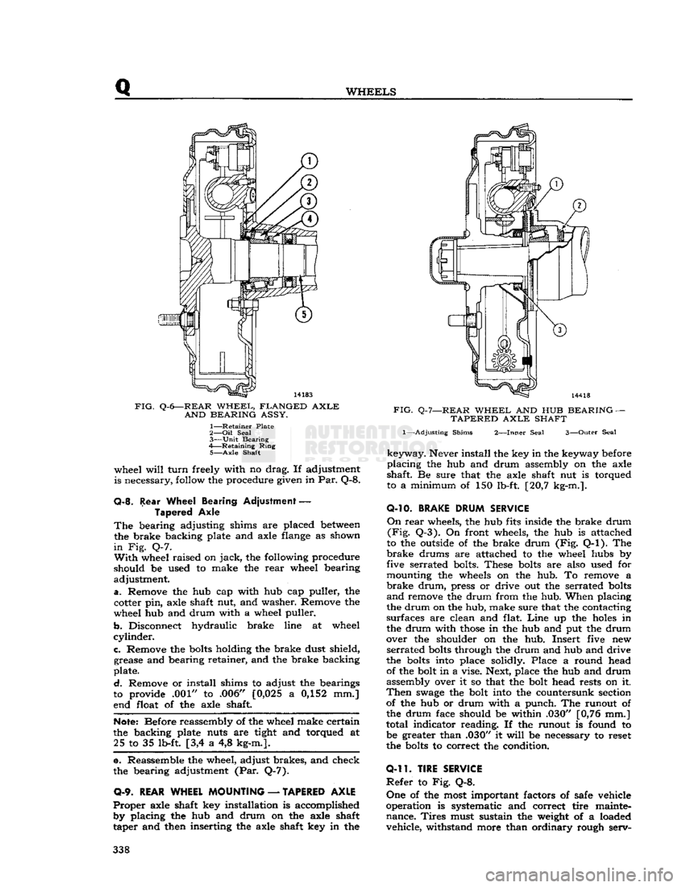JEEP CJ 1953 Service Manual
Q
WHEELS
FIG.
Q-6—REAR
WHEEL,
FLANGED
AXLE
AND
BEARING
ASSY.
1—
Retainer
Plate
2— Oil
Seal
3—
Unit
Bearing
4—
Retaining
Ring
5—
Axle
Shaft
wheel
will
tu JEEP CJ 1953 Service Manual
Q
WHEELS
FIG.
Q-6—REAR
WHEEL,
FLANGED
AXLE
AND
BEARING
ASSY.
1—
Retainer
Plate
2— Oil
Seal
3—
Unit
Bearing
4—
Retaining
Ring
5—
Axle
Shaft
wheel
will
tu
