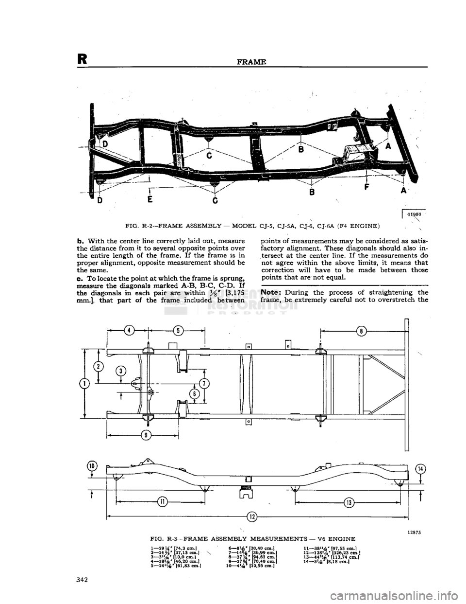 JEEP CJ 1953  Service Manual 
R 

FRAME 

11900 
FIG.
 R-2—FRAME ASSEMBLY
 —
 MODEL
 CJ-5,
 CJ-5A,
 CJ-6,
 CJ-6A
 (F4
 ENGINE) 

b.
 With
 the
 center line correctly
 laid
 out,
 measure 
the distance from
 it to
 several
 op