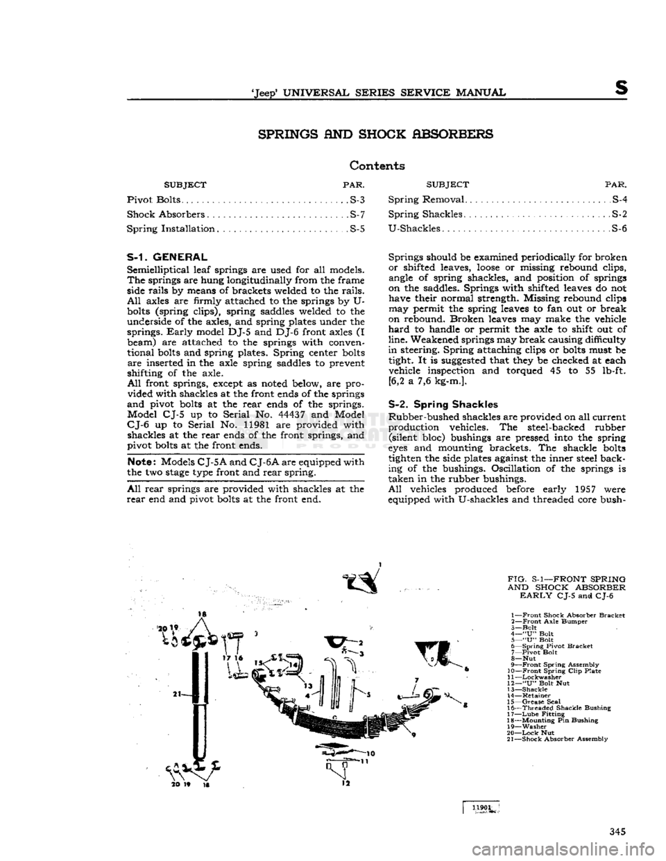 JEEP CJ 1953  Service Manual 
Jeep
 UNIVERSAL
 SERIES
 SERVICE
 MANUAL 

s 
SPRINGS
 AND
 SHOCK
 ABSORBERS 

Contents 

SUBJECT
 PAR. SUBJECT PAR. 
Pivot Bolts S-3 Spring Removal S-4 
 Shock
 Absorbers S-7 Spring Shackles S-2 

