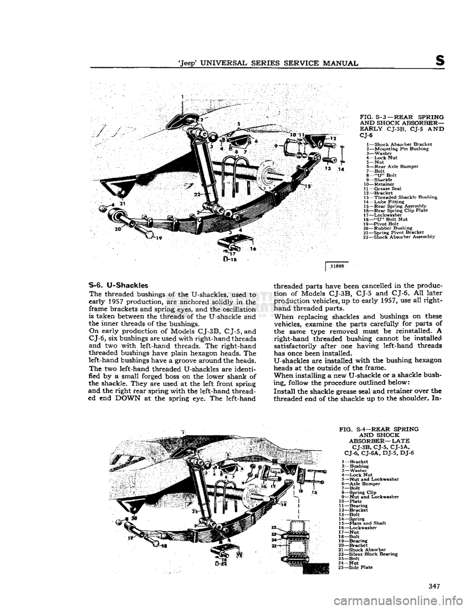 JEEP CJ 1953  Service Manual 
Jeep
 UNIVERSAL
 SERIES
 SERVICE
 MANUAL 

S 
 FIG.
 S-3—REAR SPRING 
AND SHOCK ABSORBER— 

EARLY
 CJ-3B,
 CJ-5 AND 

CJ-6 

1— Shock Absorber Bracket 
2— Mounting Pin Bushing 

3—
 Washe