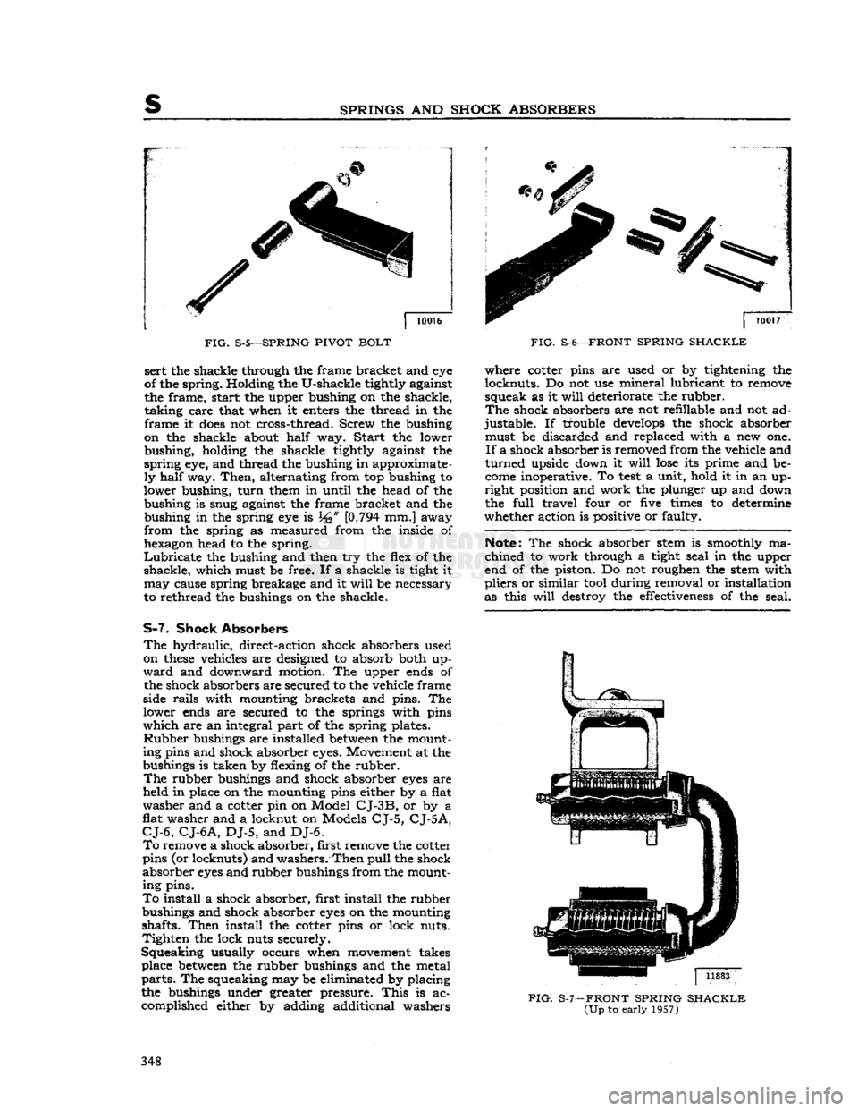 JEEP CJ 1953  Service Manual 
SPRINGS
 AND
 SHOCK ABSORBERS 

10016 

FIG.
 S-5—SPRING
 PIVOT BOLT 
 FIG.
 S-6—FRONT
 SPRING SHACKLE 
sert the shackle through the frame bracket and eye 
of the spring. Holding the U-shackle ti