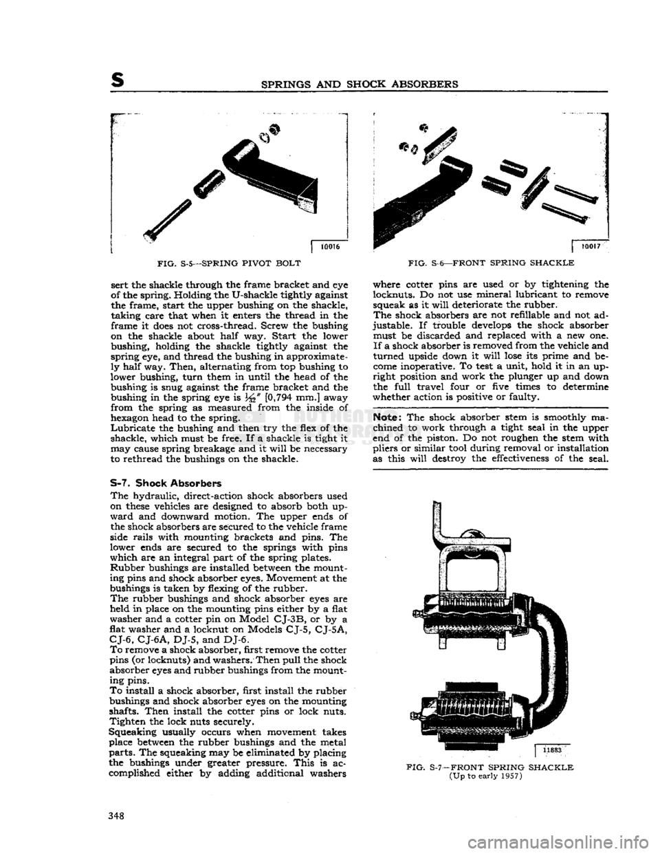 JEEP CJ 1953 Service Manual
SPRINGS
AND
SHOCK ABSORBERS
10016
FIG.
S-5—SPRING
PIVOT BOLT
FIG.
S-6—FRONT
SPRING SHACKLE
sert the shackle through the frame bracket and eye
of the spring. Holding the U-shackle ti JEEP CJ 1953 Service Manual
SPRINGS
AND
SHOCK ABSORBERS
10016
FIG.
S-5—SPRING
PIVOT BOLT
FIG.
S-6—FRONT
SPRING SHACKLE
sert the shackle through the frame bracket and eye
of the spring. Holding the U-shackle ti