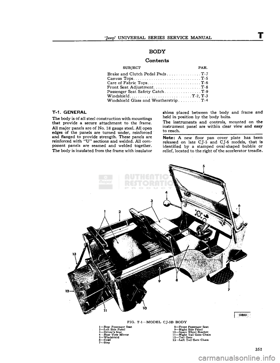 JEEP CJ 1953  Service Manual 
Jeep
 UNIVERSAL
 SERIES
 SERVICE
 MANUAL 

T 
BODY 

Contents 

SUBJECT
 PAR. 

Brake
 and
 Clutch
 Pedal Pads T-7 

Canvas
 Tops T-5 
 Care
 of
 Fabric
 Tops. : T-6 

Front
 Seat Adjustment. . . T