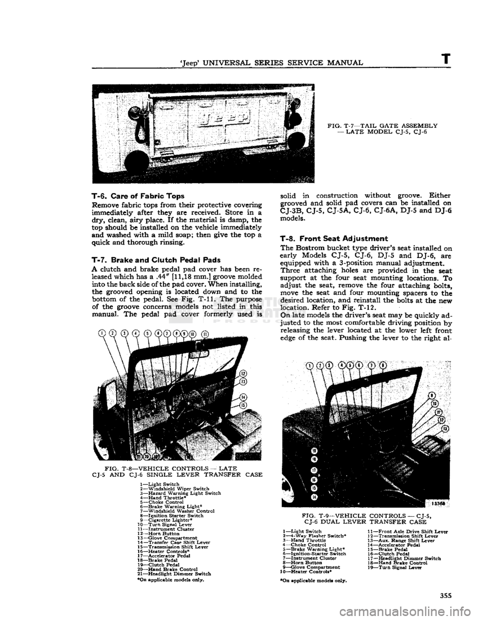 JEEP CJ 1953  Service Manual 
Jeep
 UNIVERSAL
 SERIES
 SERVICE
 MANUAL 

T 
 FIG.
 T-7—TAIL
 GATE
 ASSEMBLY 

—
 LATE
 MODEL
 CJ-5, CJ-6 
T-6.
 Care
 of
 Fabric
 Tops 
 Remove fabric
 tops
 from their protective covering 
i
