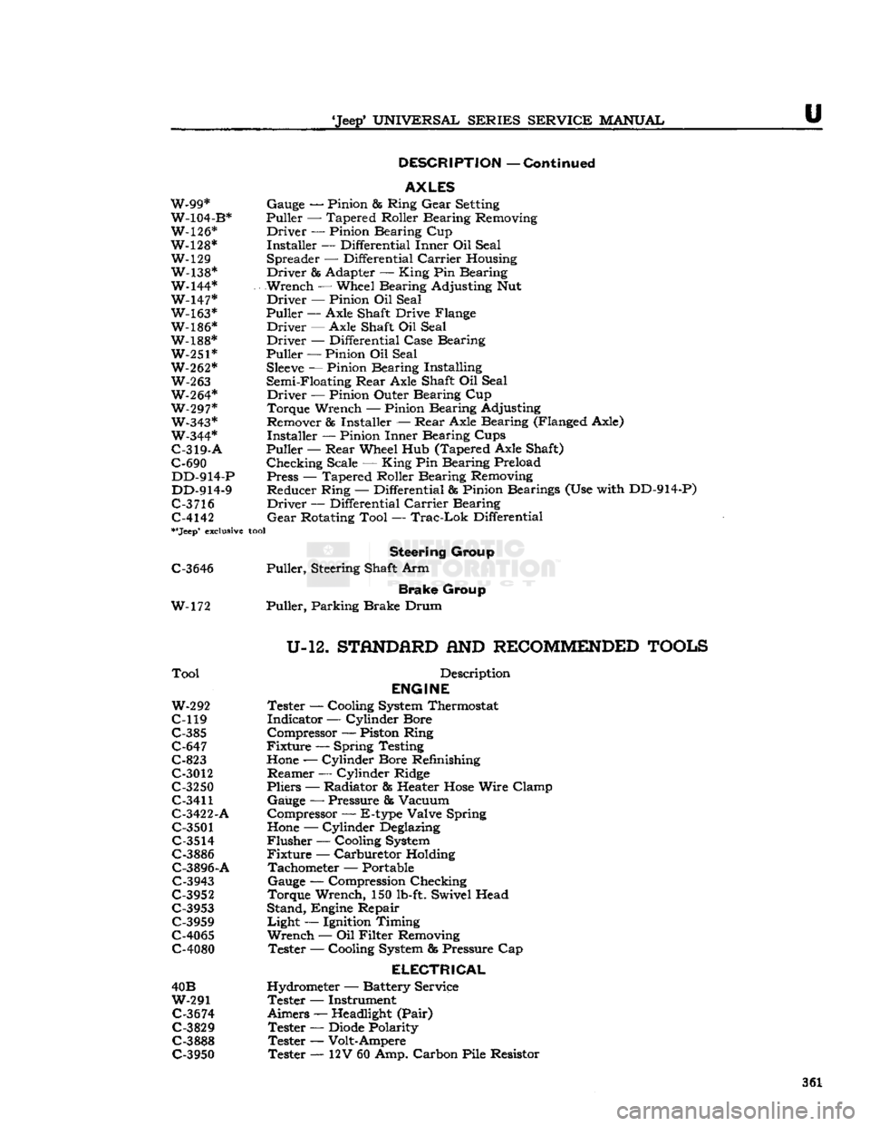 JEEP CJ 1953 Owners Manual 
Jeep*
 UNIVERSAL
 SERIES
 SERVICE
 MANUAL 

U 
DESCRIPTION
 —
 Continued 

AXLES 

W-99* Gauge — Pinion & Ring
 Gear
 Setting 
 W-104-B* Puller — Tapered Roller Bearing Removing 
W-126* Driver
