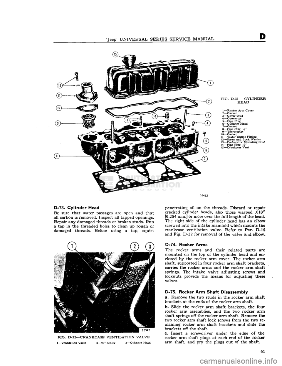 JEEP CJ 1953 Repair Manual 
Jeep
 UNIVERSAL
 SERIES SERVICE
 MANUAL 

FIG. 
 D-31
 —
 CYLINDER 

HEAD 

1—
 Rocker
 Arm
 Cover 

2—
 Gasket 

3—
 Cover
 Stud 

4—
 Connector 
 5—
 Pipe
 Plug 

6—
 Cylinder
 Head
