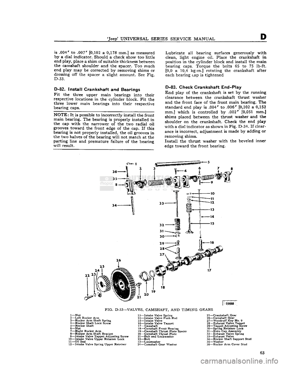 JEEP CJ 1953  Service Manual 
Jeep
 UNIVERSAL SERIES SERVICE
 MANUAL 

D 
is .004" to .007"
 [0,102
 a 0,178 mm.] as measured 
by a dial indicator. Should a check
 show
 too little 
end play, place a shim of suitable thickness
