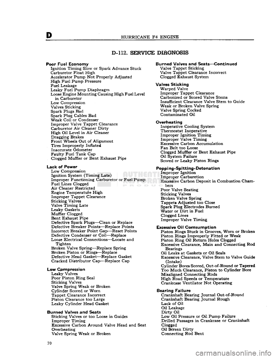 JEEP CJ 1953  Service Manual 
D 

HURRICANE
 F4
 ENGINE 
 D-112.
 SERVICE
 DIAGNOSIS 

Poor
 Fuel
 Economy  Ignition Timing Slow or Spark Advance Stuck 

Carburetor
 Float High 
Accelerator Pump Not Properly Adjusted 
High
 Fuel
