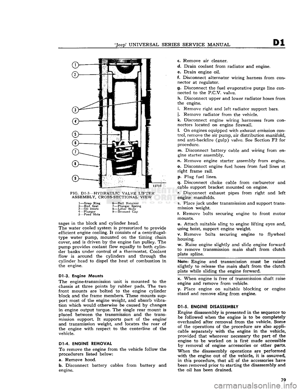JEEP CJ 1953 Manual PDF 
Jeep*
 UNIVERSAL SERIES SERVICE
 MANUAL 

Dl 

12710 

FIG.
 D1
 -3—HYDRAULIC VALVE
 LIFTER 
 ASSEMBLY, CROSS-SECTIONAL VIEW 
1—
 Snap
 Ring
 6—Ball Retainer 

2— Rod
 Seat
 7—Plunger Spri