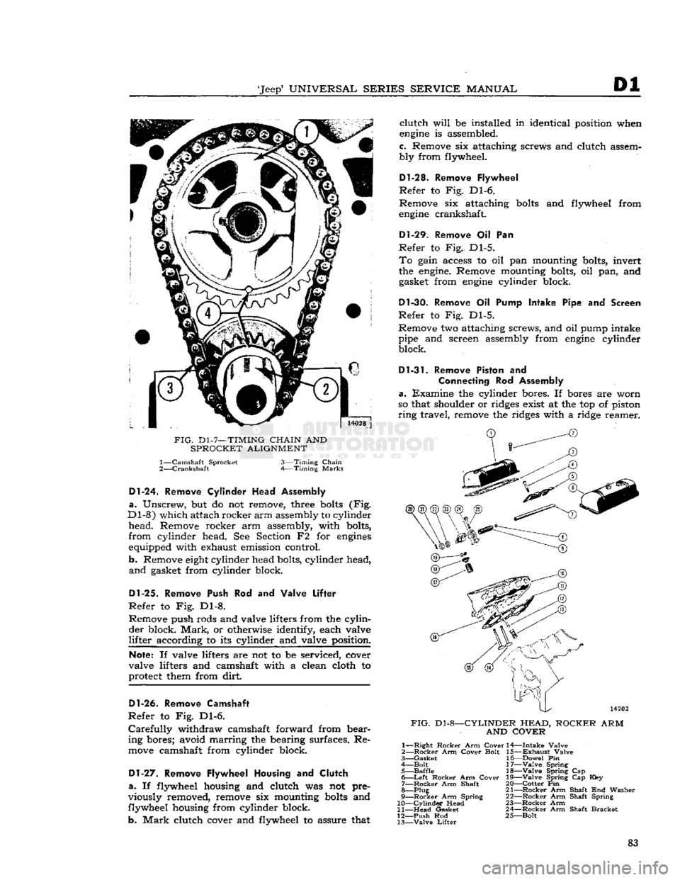 JEEP CJ 1953  Service Manual 
Jeep
 UNIVERSAL
 SERIES SERVICE
 MANUAL 

Dl 

14028
 j 

FIG.
 D1-7—TIMING
 CHAIN
 AND 
 SPROCKET ALIGNMENT  1—
 Camshaft Sprocket 

2—
 Crankshaft 
 3—Timing
 Chain 

Timing
 Marks 
 Dl-2