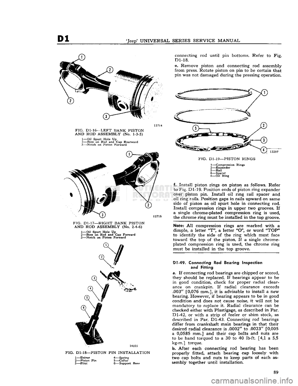 JEEP CJ 1953 Workshop Manual 
Dl 

Jeep5
 UNIVERSAL
 SERIES
 SERVICE
 MANUAL 

FIG.
 Dl-16—LEFT
 BANK
 PISTON 

AND
 ROD
 ASSEMBLY
 (No.
 1-3-5) 

1—
 Oil
 Spurt Hole Up 
2— Boss on Rod and Cap
 Rearward 

3—
 Notch on P