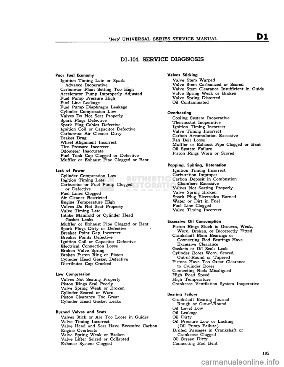 JEEP DJ 1953 Owners Manual
Jeep
UNIVERSAL
SERIES SERVICE
MANUAL
Dl
Dl-104.
SERVICE
DIAGNOSIS
Poor Fuel Economy
Ignition Timing Late or Spark Advance Inoperative
Carburetor
Float Setting Too High
Accelerator P JEEP DJ 1953 Owners Manual
Jeep
UNIVERSAL
SERIES SERVICE
MANUAL
Dl
Dl-104.
SERVICE
DIAGNOSIS
Poor Fuel Economy
Ignition Timing Late or Spark Advance Inoperative
Carburetor
Float Setting Too High
Accelerator P