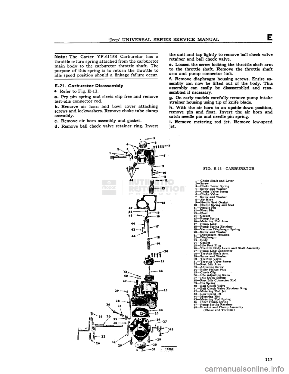 JEEP DJ 1953 Service Manual
Jeep*
UNIVERSAL
SERIES
SERVICE
MANUAL
E
Note:
The
Carter
YF-6115S Carburetor has a
throttle
return spring
attached
from the carburetor
main
body
to the carburetor
throttle
shaft. JEEP DJ 1953 Service Manual
Jeep*
UNIVERSAL
SERIES
SERVICE
MANUAL
E
Note:
The
Carter
YF-6115S Carburetor has a
throttle
return spring
attached
from the carburetor
main
body
to the carburetor
throttle
shaft.