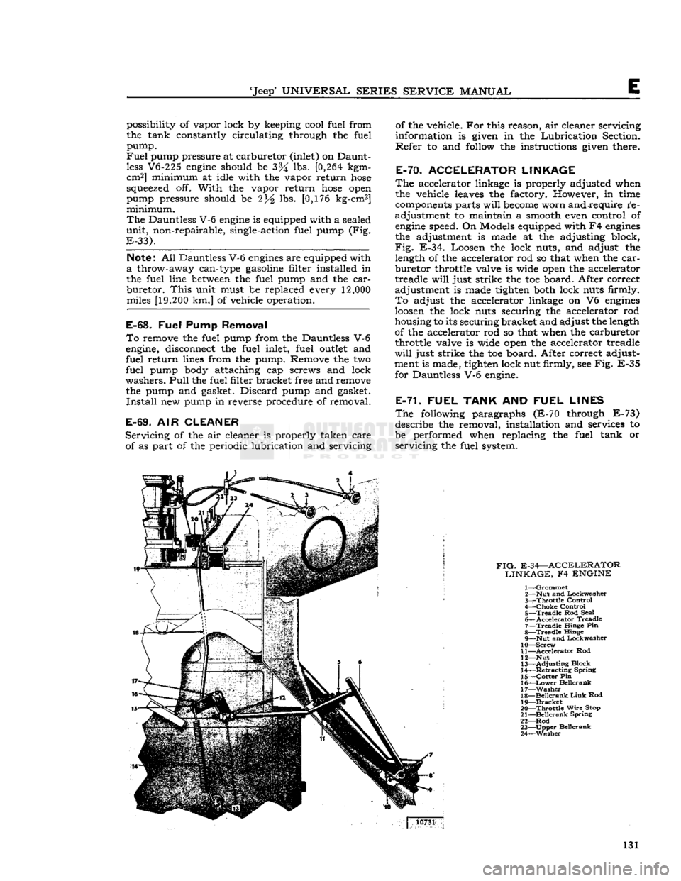 JEEP DJ 1953 Service Manual
Jeep
UNIVERSAL SERIES SERVICE
MANUAL
E
possibility of vapor lock by keeping cool fuel from
the tank constantly circulating through the fuel
pump.
Fuel
pump pressure at carburetor (inlet) JEEP DJ 1953 Service Manual
Jeep
UNIVERSAL SERIES SERVICE
MANUAL
E
possibility of vapor lock by keeping cool fuel from
the tank constantly circulating through the fuel
pump.
Fuel
pump pressure at carburetor (inlet)