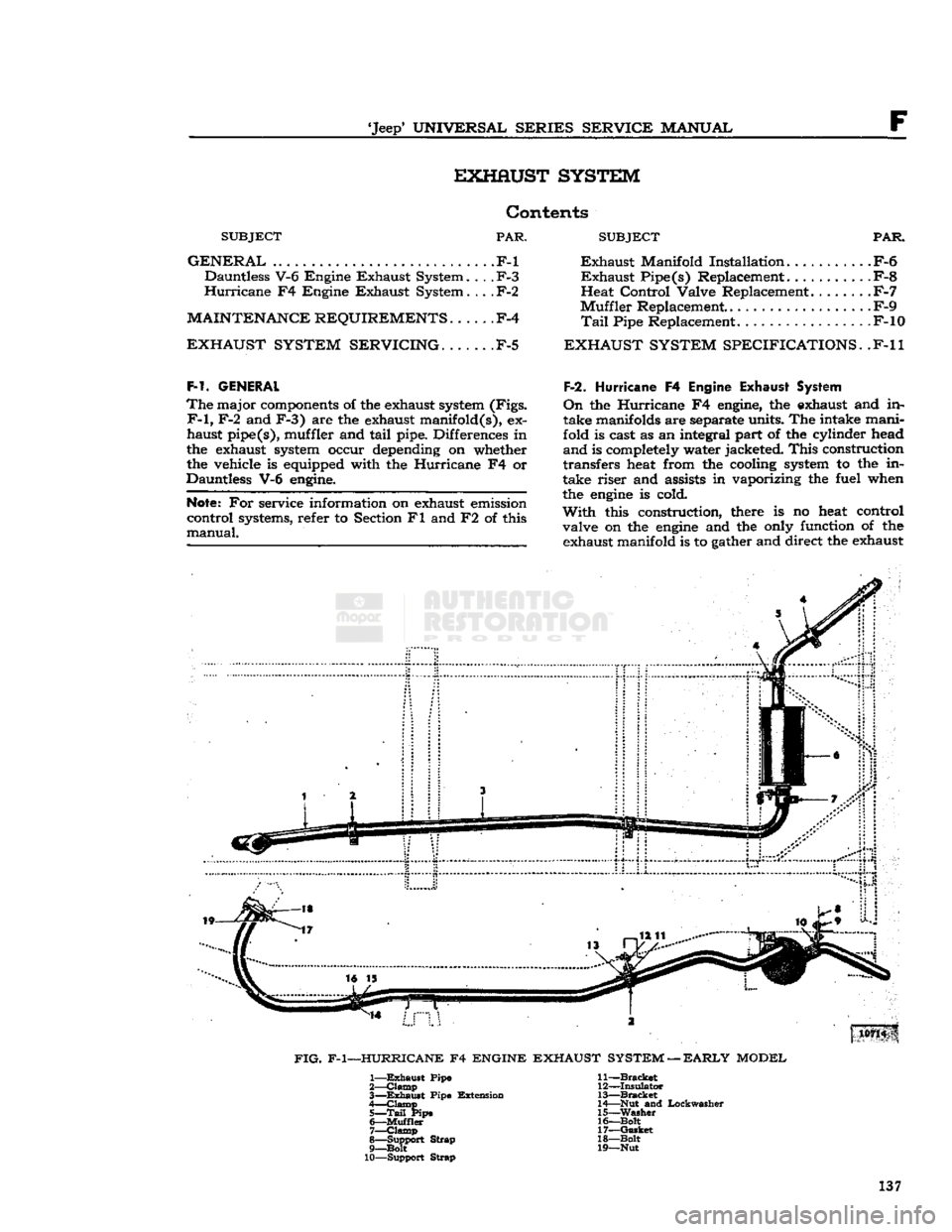 JEEP DJ 1953 Service Manual
Jeep*
UNIVERSAL SERIES SERVICE
MANUAL
F EXHAUST SYSTEM
Contents
SUBJECT
PAR.
GENERAL
.F-l Dauntless V-6 Engine Exhaust System....
F-3
Hurricane
F4 Engine Exhaust System....
F-2
M JEEP DJ 1953 Service Manual
Jeep*
UNIVERSAL SERIES SERVICE
MANUAL
F EXHAUST SYSTEM
Contents
SUBJECT
PAR.
GENERAL
.F-l Dauntless V-6 Engine Exhaust System....
F-3
Hurricane
F4 Engine Exhaust System....
F-2
M