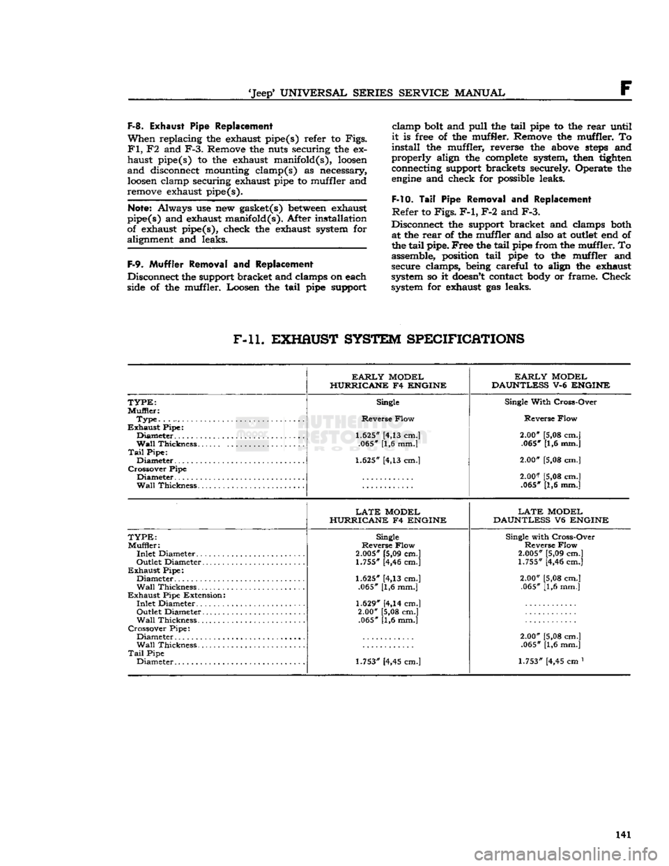 JEEP DJ 1953 Manual PDF
Jeep
UNIVERSAL
SERIES
SERVICE
MANUAL
F F-8.
Exhaust
Pipe Replacement
When
replacing the exhaust pipe(s) refer to
Figs.
Fl,
F2 and
F-3.
Remove the nuts securing the ex
haust pipe( JEEP DJ 1953 Manual PDF
Jeep
UNIVERSAL
SERIES
SERVICE
MANUAL
F F-8.
Exhaust
Pipe Replacement
When
replacing the exhaust pipe(s) refer to
Figs.
Fl,
F2 and
F-3.
Remove the nuts securing the ex
haust pipe(