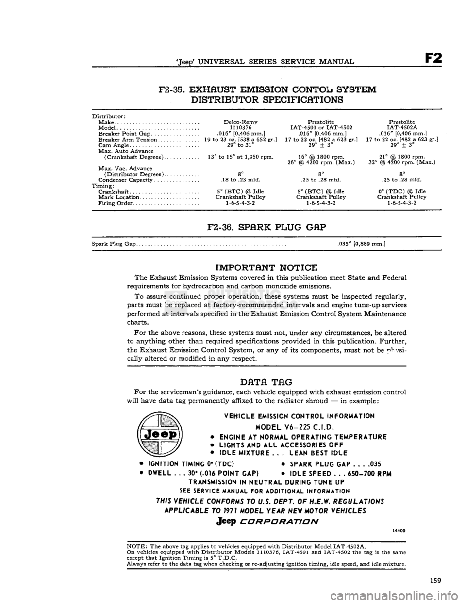 JEEP DJ 1953 Service Manual
Jeep
UNIVERSAL SERIES SERVICE
MANUAL
F2
F2-35.
EXHAUST EMISSION CONTOL SYSTEM
DISTRIBUTOR SPECIFICATIONS
Distributor:
Make
Delco-Remy Prestolite Prestolite
Model...
1110376
IAT-4501 JEEP DJ 1953 Service Manual
Jeep
UNIVERSAL SERIES SERVICE
MANUAL
F2
F2-35.
EXHAUST EMISSION CONTOL SYSTEM
DISTRIBUTOR SPECIFICATIONS
Distributor:
Make
Delco-Remy Prestolite Prestolite
Model...
1110376
IAT-4501