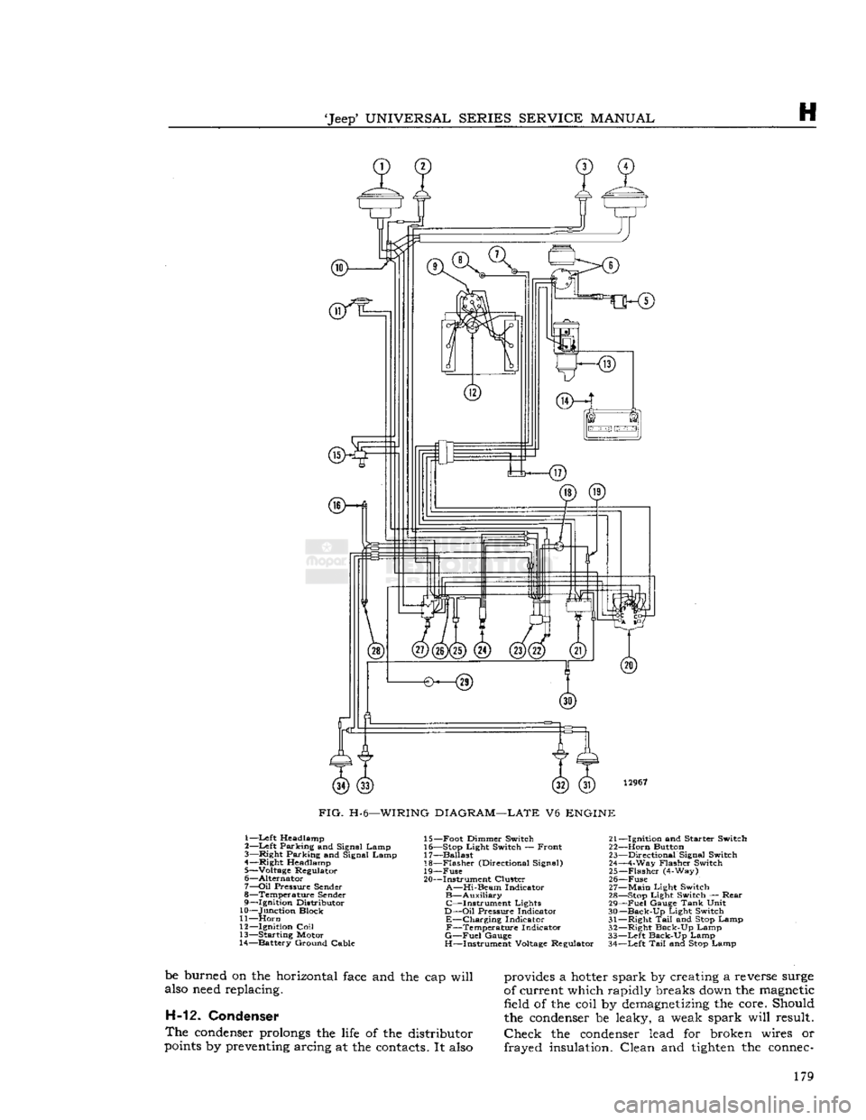 JEEP DJ 1953  Service Manual 
Jeep
 UNIVERSAL
 SERIES
 SERVICE
 MANUAL 

H 

12967 
 FIG.
 H-6—WIRING
 DIAGRAM—LATE
 V6
 ENGINE 

1—Left Headlamp 

2—
 Left
 Parking and Signal Lamp 
3—
 Right
 Parking and Signal Lamp