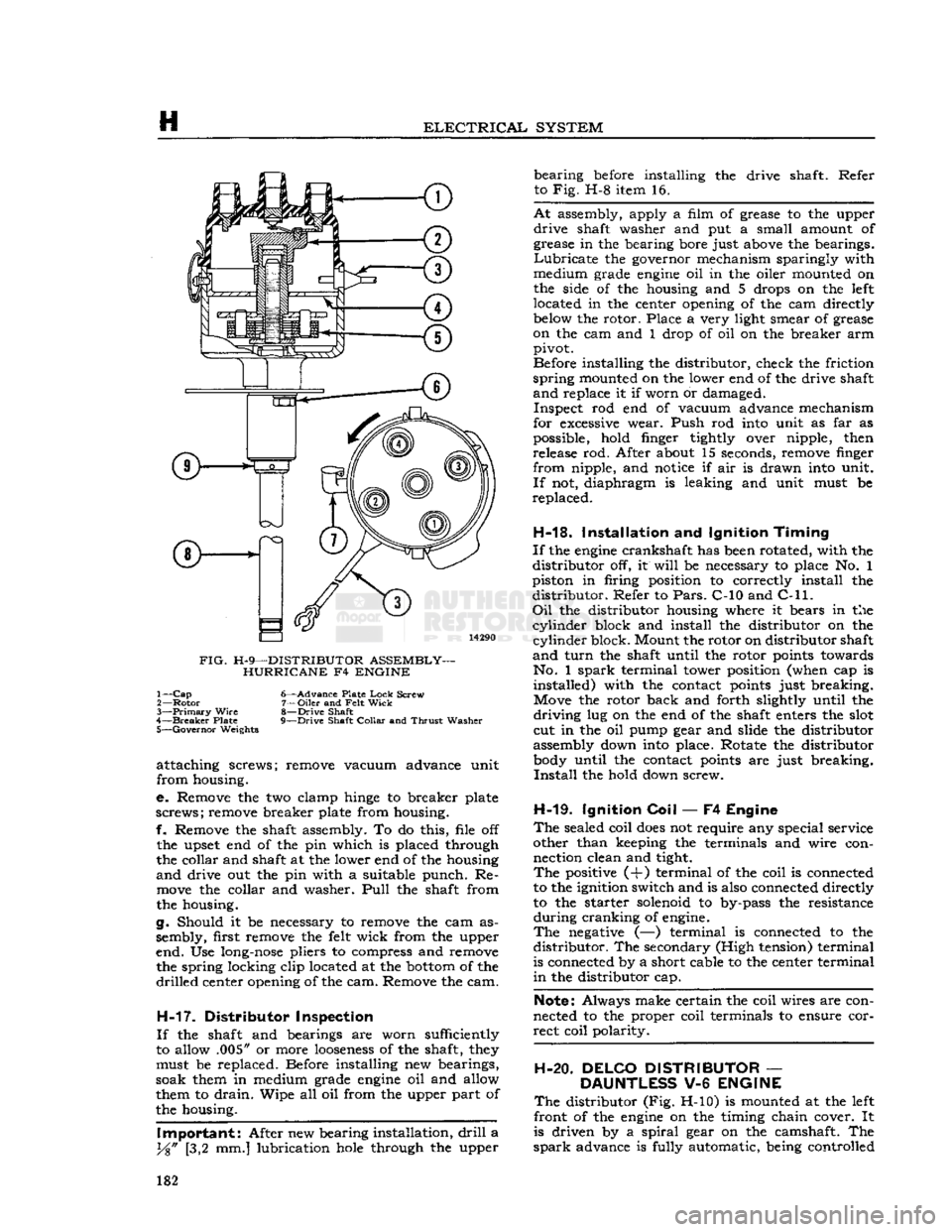JEEP DJ 1953 Workshop Manual
H
ELECTRICAL
SYSTEM
FIG.
H-9—DISTRIBUTOR ASSEMBLY- HURRICANE F4 ENGINE 1—
Cap
6—Advance Plate
Lock
Screw
2—
Rotor
7—Oiler and
Felt
Wick
3—
Primary
Wire
8—Drive Shaft JEEP DJ 1953 Workshop Manual
H
ELECTRICAL
SYSTEM
FIG.
H-9—DISTRIBUTOR ASSEMBLY- HURRICANE F4 ENGINE 1—
Cap
6—Advance Plate
Lock
Screw
2—
Rotor
7—Oiler and
Felt
Wick
3—
Primary
Wire
8—Drive Shaft