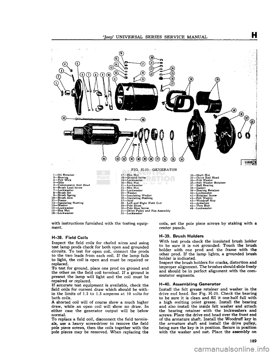 JEEP DJ 1953 Service Manual
Jeep
UNIVERSAL
SERIES
SERVICE
MANUAL
H
U029p 1—
Oil
Retainer
2—
Bearing
3—
-Felt
Wick
4—
Oiler
5—
Commutator
End Head
6—
Brush
Lead
Screw
7—
Lockwasher JEEP DJ 1953 Service Manual
Jeep
UNIVERSAL
SERIES
SERVICE
MANUAL
H
U029p 1—
Oil
Retainer
2—
Bearing
3—
-Felt
Wick
4—
Oiler
5—
Commutator
End Head
6—
Brush
Lead
Screw
7—
Lockwasher