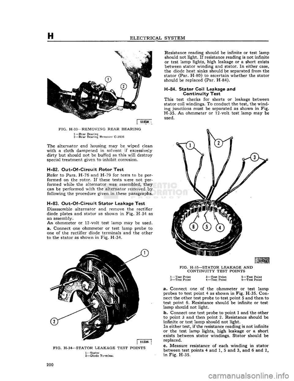 JEEP DJ 1953 Service Manual
H
ELECTRICAL
SYSTEM
|
lists
>
FIG.
H-33—REMOVING
REAR
BEARING
1—
Rear
Bearing
2—
Rear
Bearing
Remover C-3936
The
alternator end housing may be
wiped
clean
with
a
cl JEEP DJ 1953 Service Manual
H
ELECTRICAL
SYSTEM
|
lists
>
FIG.
H-33—REMOVING
REAR
BEARING
1—
Rear
Bearing
2—
Rear
Bearing
Remover C-3936
The
alternator end housing may be
wiped
clean
with
a
cl