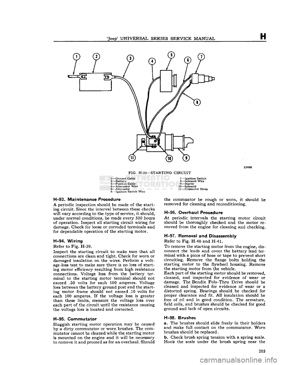 JEEP DJ 1953 Service Manual
Jeep*
UNIVERSAL
SERIES SERVICE
MANUAL
H
13406
FIG.
H-39—STARTING
CIRCUIT
1—
Ground
Cable
2—
Battery
3—
Positive Cable
4—
Alternator
Wire
5—
Alternator
6— Ig JEEP DJ 1953 Service Manual
Jeep*
UNIVERSAL
SERIES SERVICE
MANUAL
H
13406
FIG.
H-39—STARTING
CIRCUIT
1—
Ground
Cable
2—
Battery
3—
Positive Cable
4—
Alternator
Wire
5—
Alternator
6— Ig