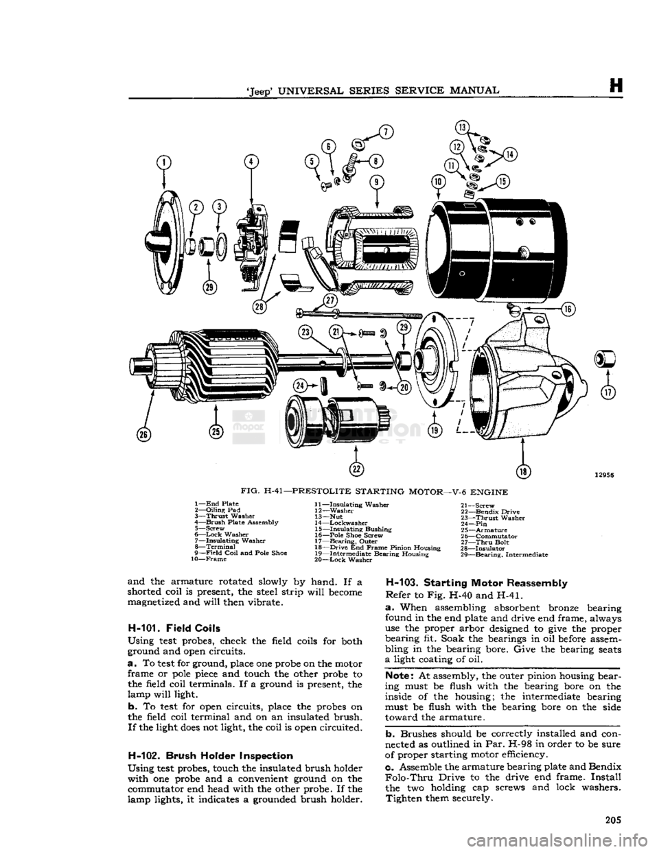 JEEP DJ 1953 Service Manual <jeep»
UNIVERSAL
SERIES
SERVICE
MANUAL
H
t
^
12956
FIG.
H-41—PRESTOLITE
STARTING
MOTOR—V-6
ENGINE
1—
End
Plate
2—
Oiling
Pad
3—
Thrust
Washer
4—
Brush
Plate JEEP DJ 1953 Service Manual <jeep»
UNIVERSAL
SERIES
SERVICE
MANUAL
H
t
^
12956
FIG.
H-41—PRESTOLITE
STARTING
MOTOR—V-6
ENGINE
1—
End
Plate
2—
Oiling
Pad
3—
Thrust
Washer
4—
Brush
Plate