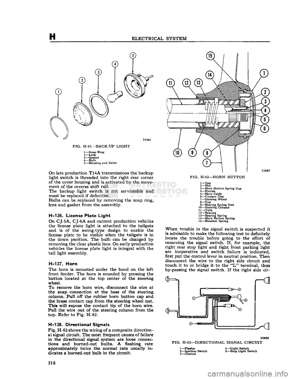 JEEP DJ 1953 Service Manual
ELECTRICAL
SYSTEM
14385
FIG.
H-61—BACK-UP
LIGHT
1—
Snap
Ring
2—
Lens
3—
Gasket
4—
Bulb
5—
Housing
and
Cable
On
late production
T14A
transmissions the backup
JEEP DJ 1953 Service Manual
ELECTRICAL
SYSTEM
14385
FIG.
H-61—BACK-UP
LIGHT
1—
Snap
Ring
2—
Lens
3—
Gasket
4—
Bulb
5—
Housing
and
Cable
On
late production
T14A
transmissions the backup