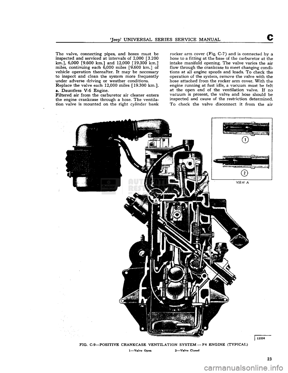 JEEP DJ 1953 Owners Manual 
Jeep
 UNIVERSAL SERIES SERVICE
 MANUAL 

C The
 valve, connecting pipes, and
 hoses
 must be 
inspected and serviced at intervals of
 2,000
 [3.200 

km.],
 6,000
 [9.600 km.] and 12,000 [19.300 km