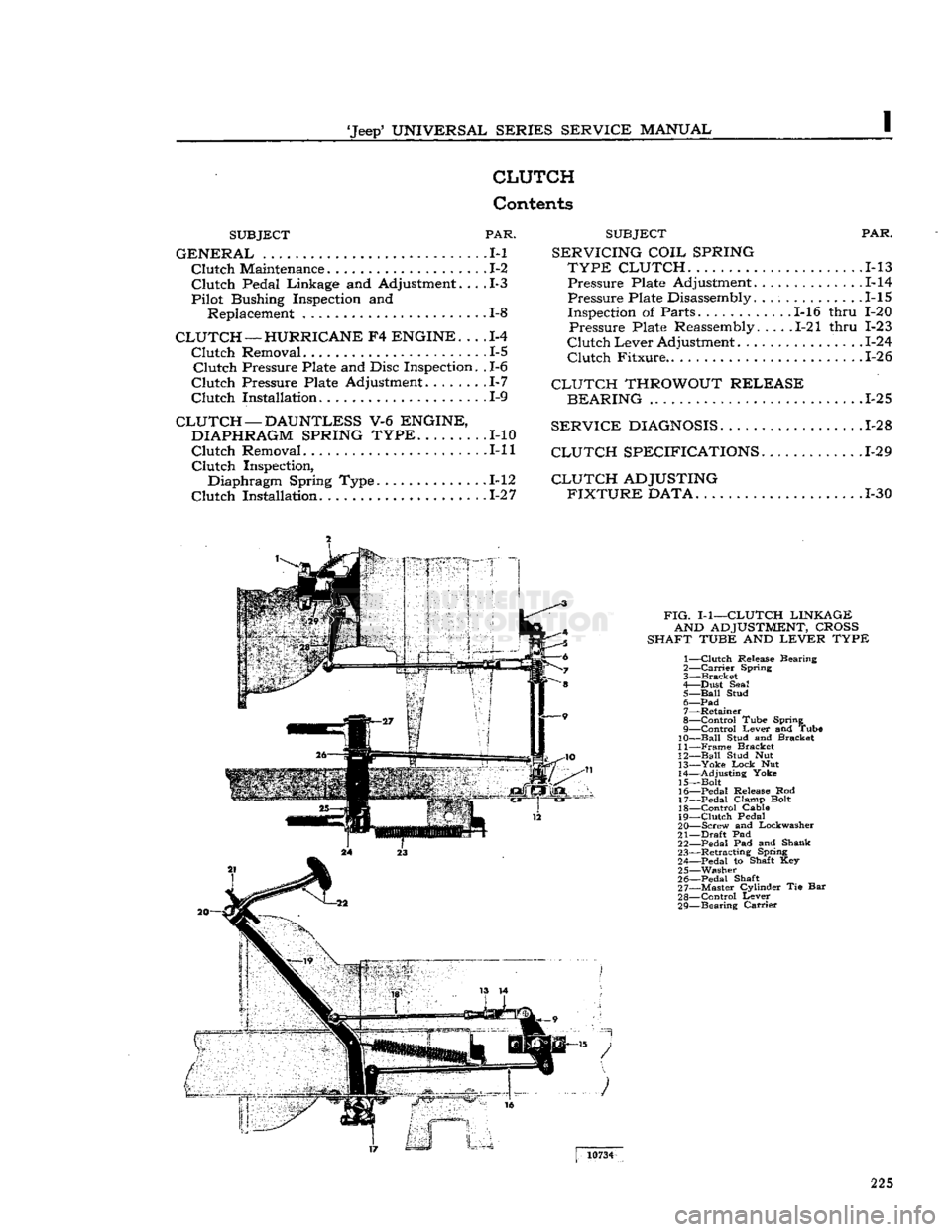 JEEP DJ 1953 Service Manual
Jeep
UNIVERSAL
SERIES SERVICE
MANUAL
CLUTCH
Contents
SUBJECT
PAR.
GENERAL
.1-1
Clutch
Maintenance 1-2
Clutch
Pedal Linkage and Adjustment.... 1-3
Pilot Bushing Inspection and
Re JEEP DJ 1953 Service Manual
Jeep
UNIVERSAL
SERIES SERVICE
MANUAL
CLUTCH
Contents
SUBJECT
PAR.
GENERAL
.1-1
Clutch
Maintenance 1-2
Clutch
Pedal Linkage and Adjustment.... 1-3
Pilot Bushing Inspection and
Re