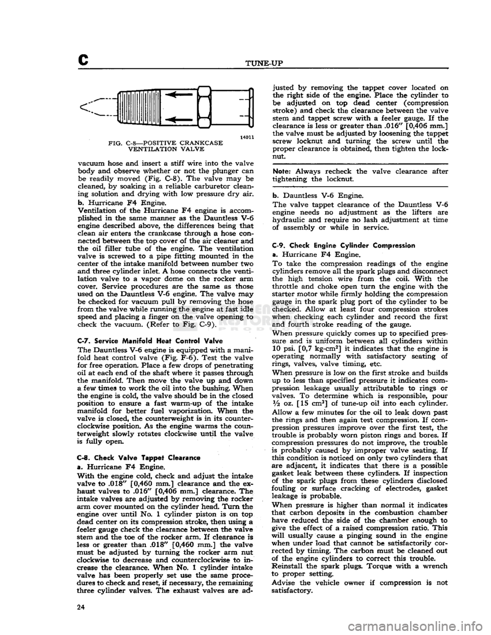 JEEP DJ 1953 Service Manual
c
TUNE-UP
14011
FIG.
C-8—POSITIVE CRANKCASE VENTILATION VALVE
vacuum
hose
and insert a stiff wire into the valve
body and observe whether or not the plunger can be readily moved (Fig. JEEP DJ 1953 Service Manual
c
TUNE-UP
14011
FIG.
C-8—POSITIVE CRANKCASE VENTILATION VALVE
vacuum
hose
and insert a stiff wire into the valve
body and observe whether or not the plunger can be readily moved (Fig.