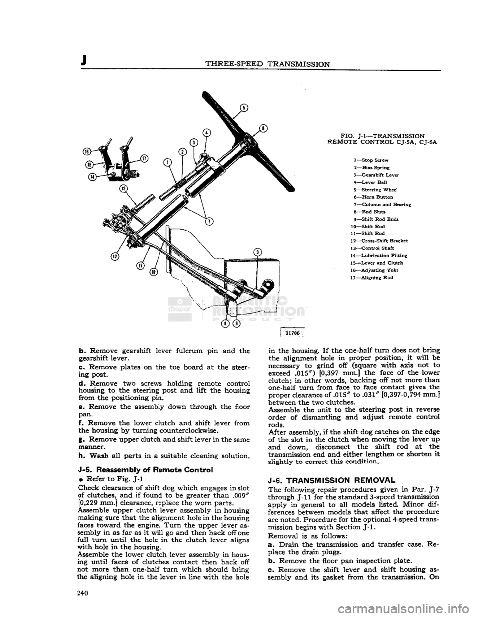 JEEP DJ 1953  Service Manual 
THREE-SPEED
 TRANSMISSION 

FIG.
 J-l—TRANSMISSION 

REMOTE
 CONTROL
 CJ-5
 A,
 CJ-6A 

1— Stop Screw 
2—
 Bias
 Spring 

3—
 Gearshift
 Lever 
 4—
 Lever
 Ball 

5—
 Steering
 Wheel  6�