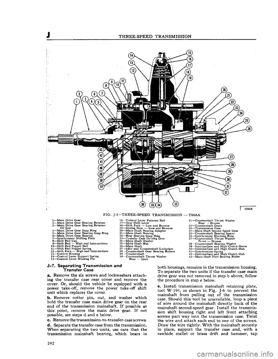 JEEP DJ 1953 Service Manual
THREE-SPEED
TRANSMISSION
FIG.
J-3—THREE-SPEED
TRANSMISSION
—
T86AA
1—
Main
Drive
Gear
2—
Main
Drive
Gear
Bearing Retainer
3—
Main
Drive
Gear
Bearing Retainer
Oil
S JEEP DJ 1953 Service Manual
THREE-SPEED
TRANSMISSION
FIG.
J-3—THREE-SPEED
TRANSMISSION
—
T86AA
1—
Main
Drive
Gear
2—
Main
Drive
Gear
Bearing Retainer
3—
Main
Drive
Gear
Bearing Retainer
Oil
S