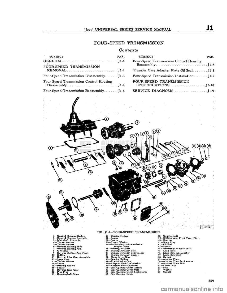 JEEP DJ 1953 Service Manual
Jeep
UNIVERSAL
SERIES
SERVICE
MANUAL
Jl
FOUR-SPEED
TRANSMISSION
Contents
SUBJECT
PAF.
GENERAL.
Jl-1
FOUR-SPEED
TRANSMISSION
REMOVAL.
Jl-2
Four-Speed Transmission
Disassembly JEEP DJ 1953 Service Manual
Jeep
UNIVERSAL
SERIES
SERVICE
MANUAL
Jl
FOUR-SPEED
TRANSMISSION
Contents
SUBJECT
PAF.
GENERAL.
Jl-1
FOUR-SPEED
TRANSMISSION
REMOVAL.
Jl-2
Four-Speed Transmission
Disassembly