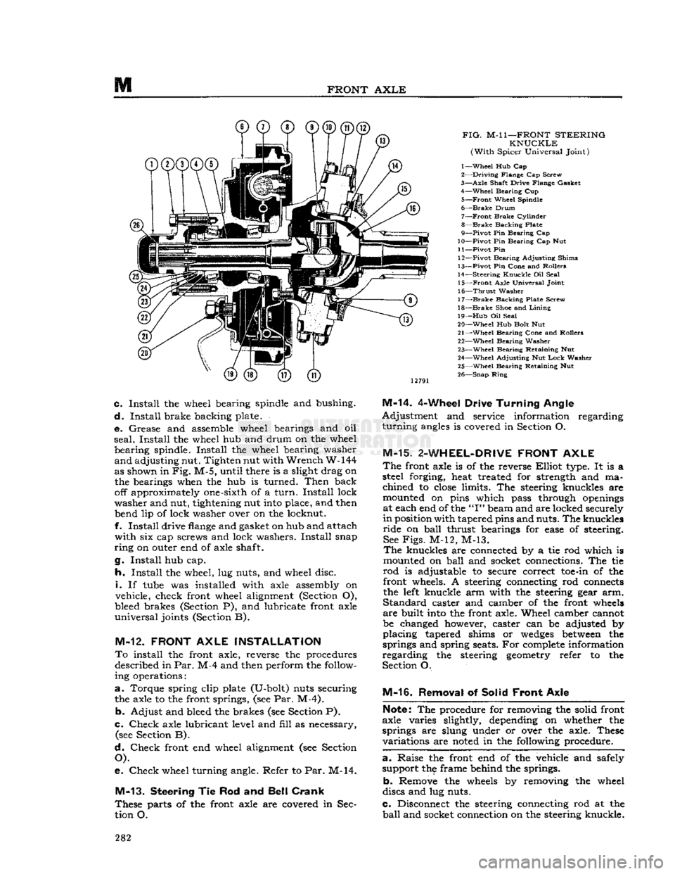 JEEP DJ 1953 Service Manual
FRONT
AXLE
FIG.
M-l
1—FRONT
STEERING
KNUCKLE
(With
Spicer Universal Joint)
1—
Wheel
Hub Cap
2—
Driving
Flange Cap Screw
3—
Axle
Shaft Drive Flange Gasket 4—
Wheel
B JEEP DJ 1953 Service Manual
FRONT
AXLE
FIG.
M-l
1—FRONT
STEERING
KNUCKLE
(With
Spicer Universal Joint)
1—
Wheel
Hub Cap
2—
Driving
Flange Cap Screw
3—
Axle
Shaft Drive Flange Gasket 4—
Wheel
B