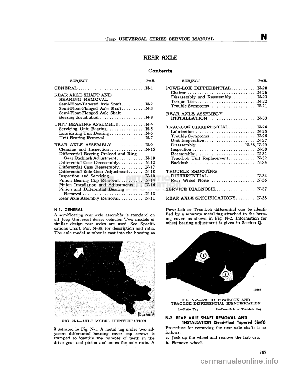 JEEP DJ 1953 Service Manual
Jeep*
UNIVERSAL SERIES SERVICE
MANUAL
N
REAR
AXLE
Contents
PAR. SUBJECT
PAR.
N-l POWR-LOK DIFFERENTIAL
N-20
Chatter
.N-26 Dissasembly and Reassembly. .N-23
Torque Test .N-22
21* T JEEP DJ 1953 Service Manual
Jeep*
UNIVERSAL SERIES SERVICE
MANUAL
N
REAR
AXLE
Contents
PAR. SUBJECT
PAR.
N-l POWR-LOK DIFFERENTIAL
N-20
Chatter
.N-26 Dissasembly and Reassembly. .N-23
Torque Test .N-22
21* T