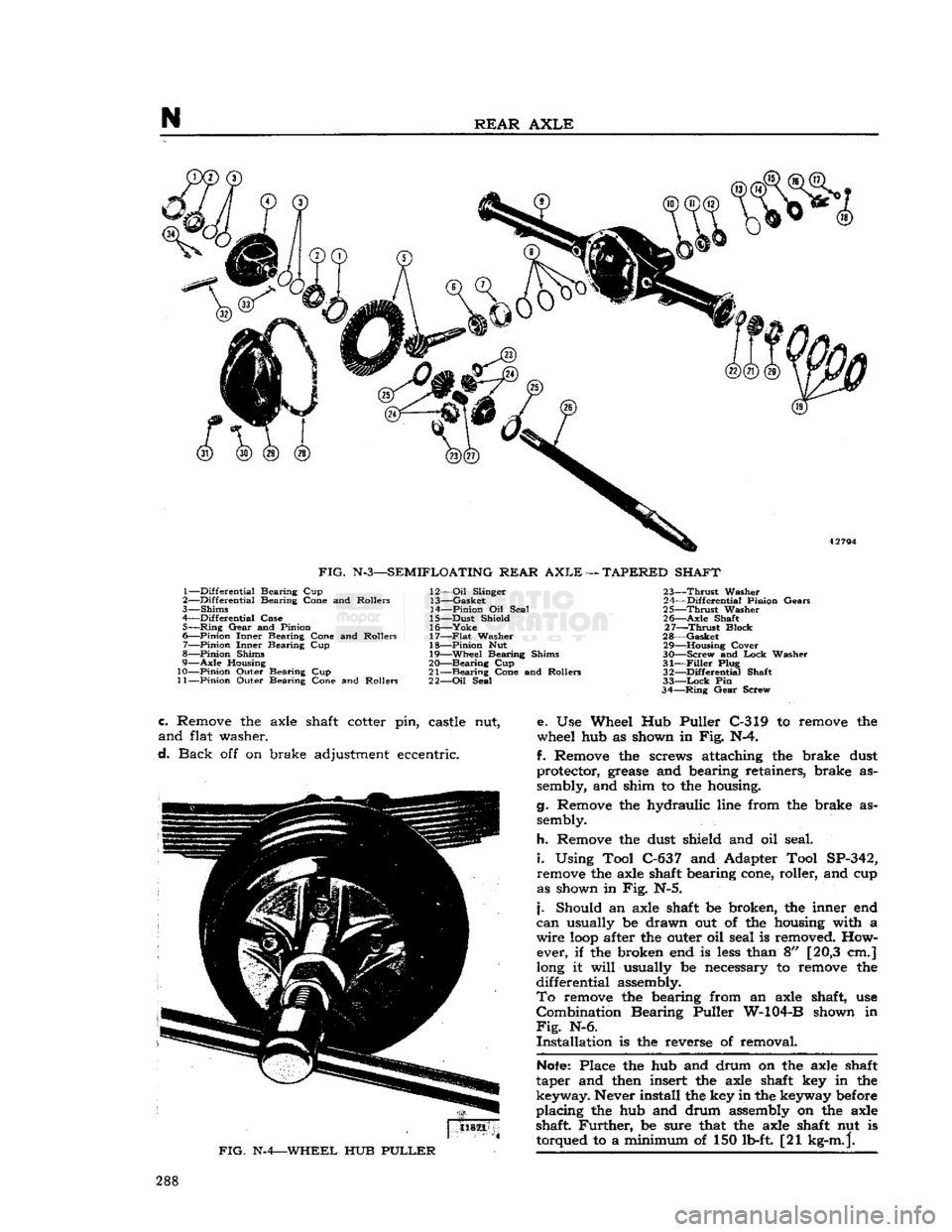 JEEP DJ 1953 Service Manual
FIG.
N-3—SEMIFLOATING REAR
AXLE
—
TAPERED SHAFT
1— Differential Bearing Cup
2— Differential Bearing Cone and Rollers
3— Shims
4— Differential Case 5—
Ring
Gear and Pinion
6 JEEP DJ 1953 Service Manual
FIG.
N-3—SEMIFLOATING REAR
AXLE
—
TAPERED SHAFT
1— Differential Bearing Cup
2— Differential Bearing Cone and Rollers
3— Shims
4— Differential Case 5—
Ring
Gear and Pinion
6