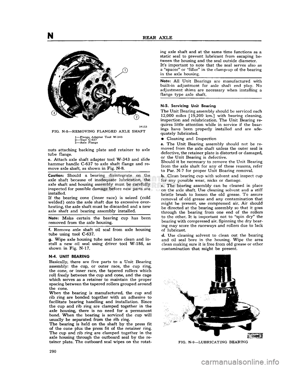 JEEP DJ 1953 Service Manual
N
REAR
AXLE
14153
FIG.
N-8—REMOVING FLANGED
AXLE
SHAFT
1—
Flange
Adapter Tool W-343
2—
Tool
C-637
3—
Axle
Flange nuts attaching backing plate and retainer to axle
tube JEEP DJ 1953 Service Manual
N
REAR
AXLE
14153
FIG.
N-8—REMOVING FLANGED
AXLE
SHAFT
1—
Flange
Adapter Tool W-343
2—
Tool
C-637
3—
Axle
Flange nuts attaching backing plate and retainer to axle
tube