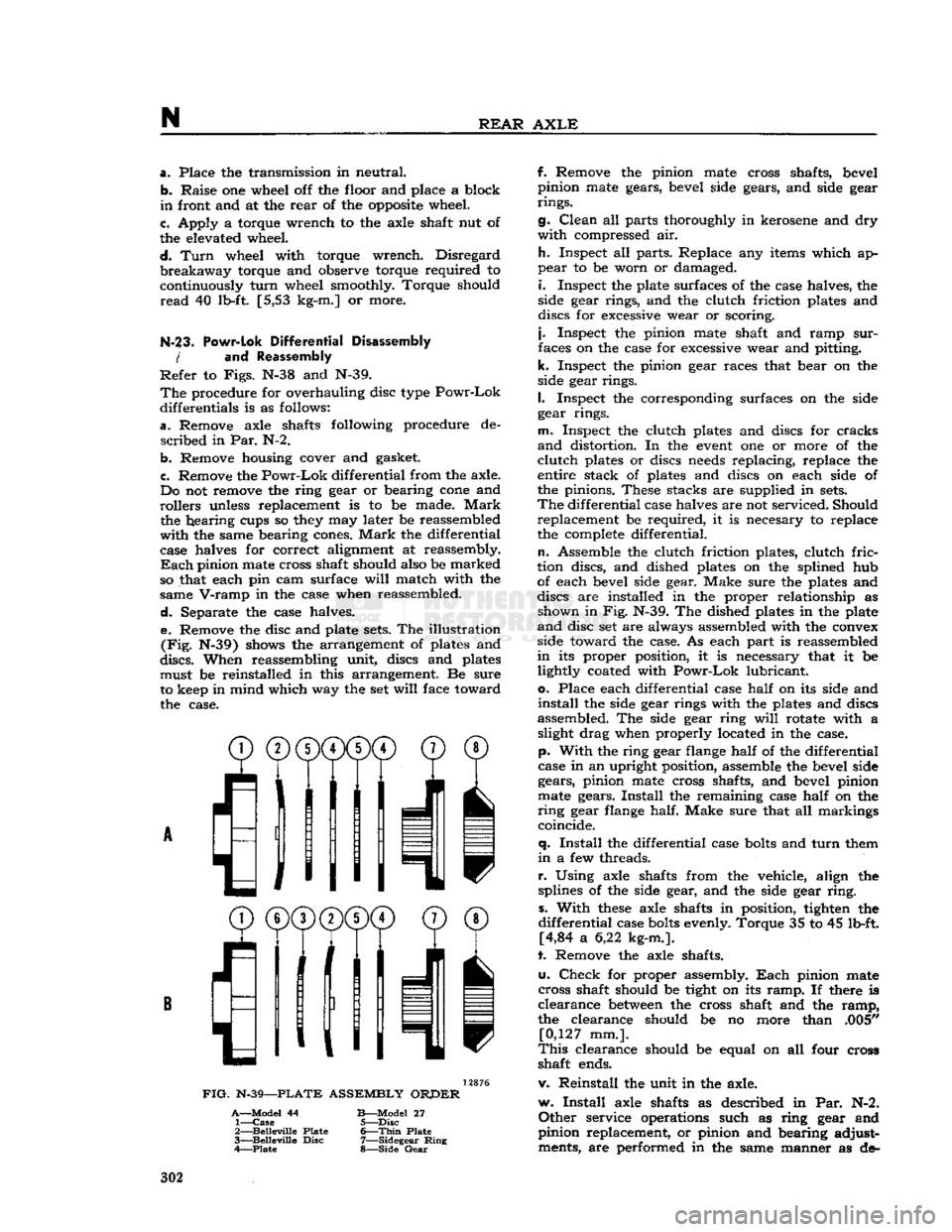 JEEP DJ 1953 Service Manual
N
REAR
AXLE a.
Place the transmission in neutral.
b.
Raise one wheel off the floor and place a block
in
front and at the
rear
of the
opposite
wheel.
c.
Apply a torque wrench to the a JEEP DJ 1953 Service Manual
N
REAR
AXLE a.
Place the transmission in neutral.
b.
Raise one wheel off the floor and place a block
in
front and at the
rear
of the
opposite
wheel.
c.
Apply a torque wrench to the a