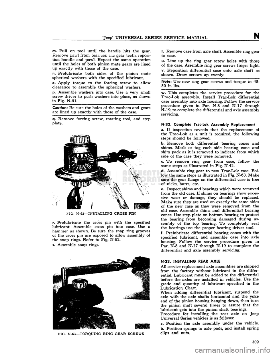 JEEP DJ 1953 Service Manual
Jeep
UNIVERSAL
SERIES
SERVICE
MANUAL
N
m.
Pull
on tool until the handle hits the gear.
Remove pawl from
between
the
gear
teeth, reposi
tion handle and pawl. Repeat the same operatio JEEP DJ 1953 Service Manual
Jeep
UNIVERSAL
SERIES
SERVICE
MANUAL
N
m.
Pull
on tool until the handle hits the gear.
Remove pawl from
between
the
gear
teeth, reposi
tion handle and pawl. Repeat the same operatio