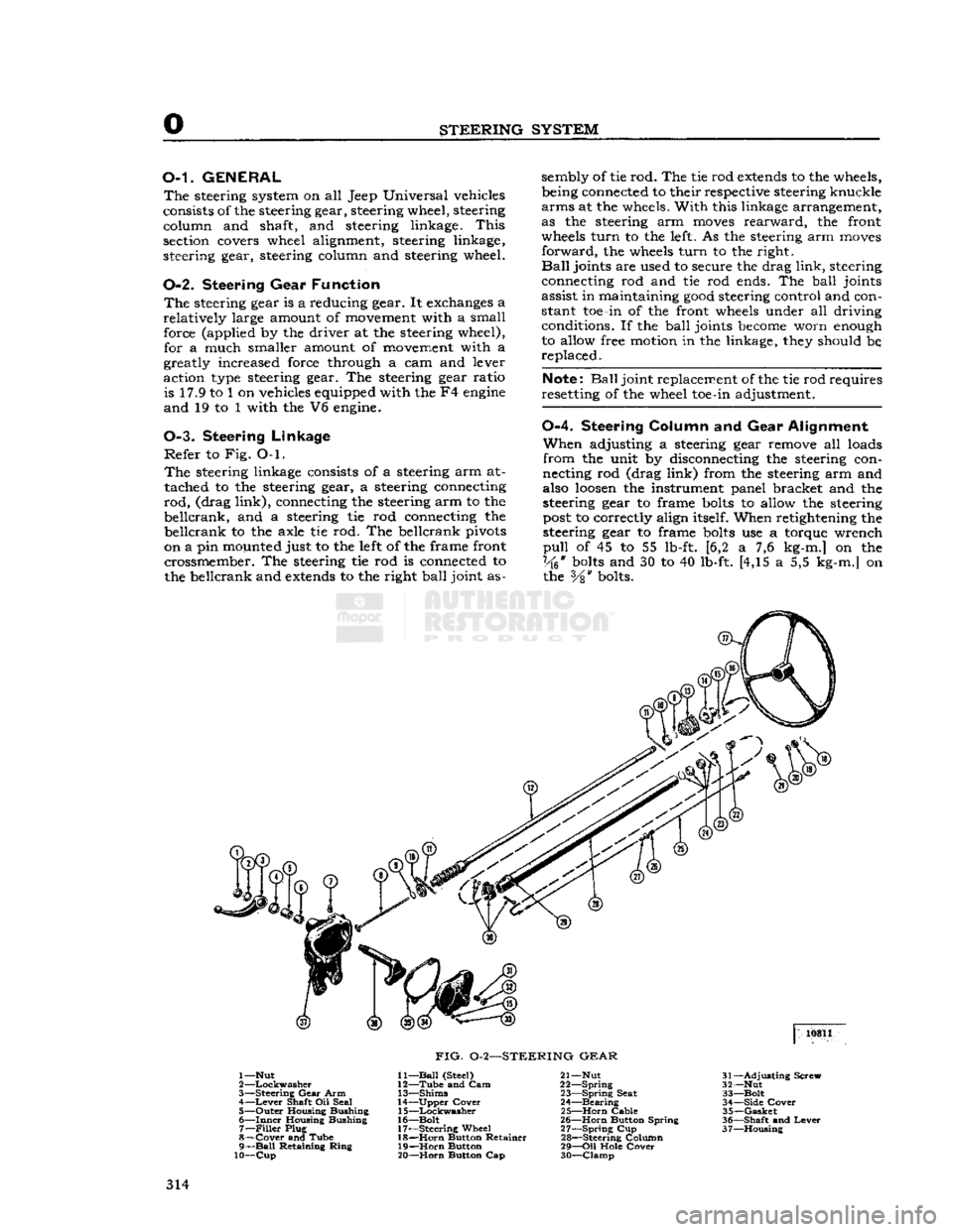 JEEP DJ 1953 Service Manual
STEERING
SYSTEM
O-L
GENERAL
The
steering system on all Jeep Universal vehicles
consists of the steering gear, steering wheel, steering column and shaft, and steering linkage.
This
section JEEP DJ 1953 Service Manual
STEERING
SYSTEM
O-L
GENERAL
The
steering system on all Jeep Universal vehicles
consists of the steering gear, steering wheel, steering column and shaft, and steering linkage.
This
section