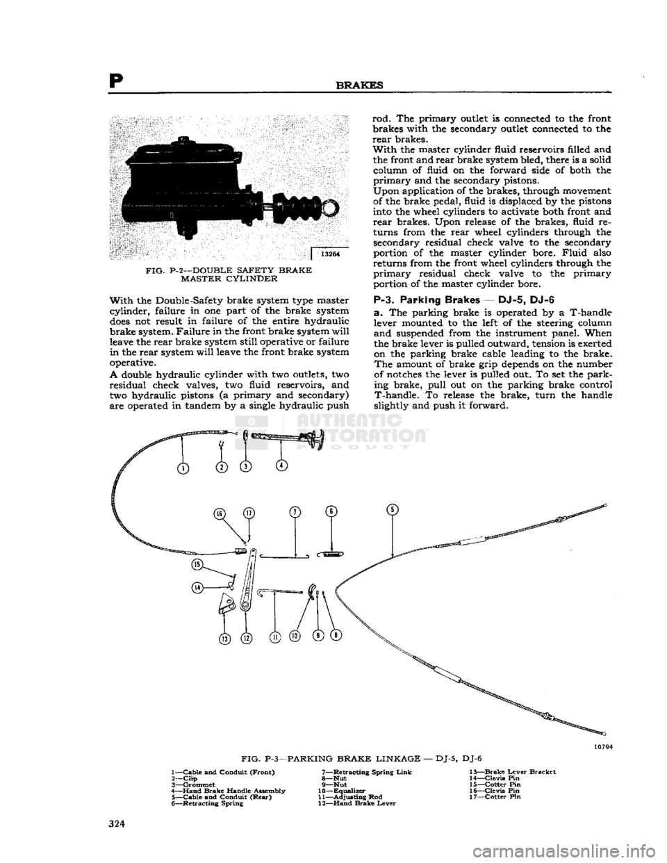 JEEP DJ 1953  Service Manual 
p 
BRAKES 

13264 

FIG- P-2—DOUBLE
 SAFETY BRAKE 
 MASTER
 CYLINDER 
 With
 the Double-Safety brake system type master 

cylinder,
 failure
 in one part of the brake system 

does
 not result in
 