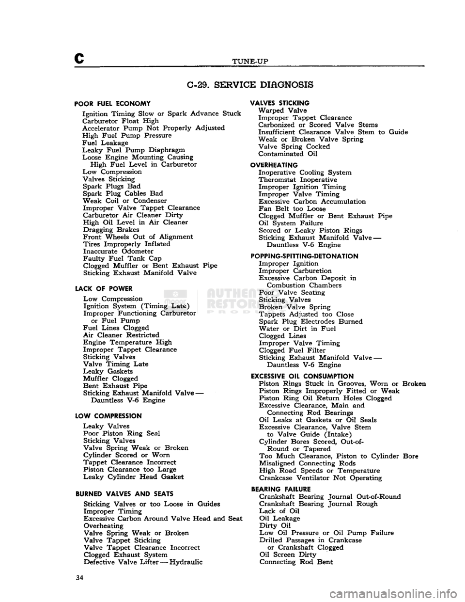 JEEP DJ 1953  Service Manual 
TUNE-UP 

C-29.
 SERVICE
 DIAGNOSIS 

POOR
 FUEL ECONOMY  Ignition Timing Slow or Spark Advance Stuck 

Carburetor
 Float High 
Accelerator Pump Not Properly Adjusted  High Fuel Pump Pressure 

Fuel
