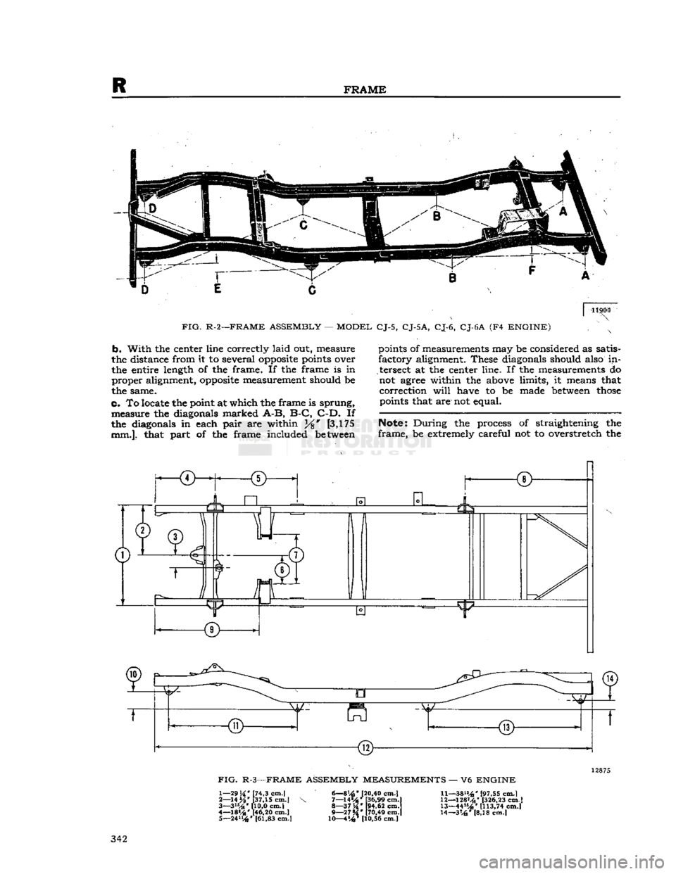 JEEP DJ 1953 Service Manual
R
FRAME
11900
FIG.
R-2—FRAME ASSEMBLY
—
MODEL
CJ-5,
CJ-5A,
CJ-6,
CJ-6A
(F4
ENGINE)
b.
With
the
center line correctly
laid
out,
measure
the distance from
it to
several
op JEEP DJ 1953 Service Manual
R
FRAME
11900
FIG.
R-2—FRAME ASSEMBLY
—
MODEL
CJ-5,
CJ-5A,
CJ-6,
CJ-6A
(F4
ENGINE)
b.
With
the
center line correctly
laid
out,
measure
the distance from
it to
several
op