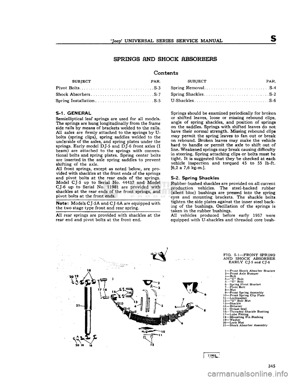 JEEP DJ 1953 Service Manual
Jeep
UNIVERSAL
SERIES
SERVICE
MANUAL
s
SPRINGS
AND
SHOCK
ABSORBERS
Contents
SUBJECT
PAR. SUBJECT PAR.
Pivot Bolts S-3 Spring Removal S-4
Shock
Absorbers S-7 Spring Shackles S-2
JEEP DJ 1953 Service Manual
Jeep
UNIVERSAL
SERIES
SERVICE
MANUAL
s
SPRINGS
AND
SHOCK
ABSORBERS
Contents
SUBJECT
PAR. SUBJECT PAR.
Pivot Bolts S-3 Spring Removal S-4
Shock
Absorbers S-7 Spring Shackles S-2