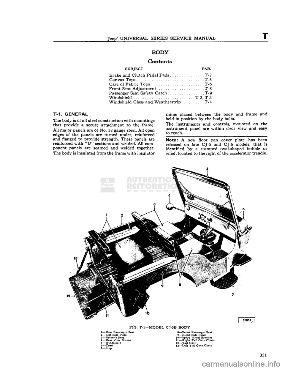 JEEP DJ 1953 Service Manual
Jeep
UNIVERSAL
SERIES
SERVICE
MANUAL
T
BODY
Contents
SUBJECT
PAR.
Brake
and
Clutch
Pedal Pads T-7
Canvas
Tops T-5
Care
of
Fabric
Tops. : T-6
Front
Seat Adjustment. . . T JEEP DJ 1953 Service Manual
Jeep
UNIVERSAL
SERIES
SERVICE
MANUAL
T
BODY
Contents
SUBJECT
PAR.
Brake
and
Clutch
Pedal Pads T-7
Canvas
Tops T-5
Care
of
Fabric
Tops. : T-6
Front
Seat Adjustment. . . T