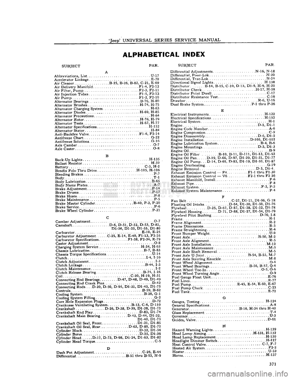 JEEP DJ 1953 Service Manual
Jeep
UNIVERSAL
SERIES SERVICE
MANUAL
ALPHABETICAL INDEX
SUBJECT PAR.
SUBJECT
PAR.
Abbreviations,
List
U-17 Accelerator Linkage E-70
Air
Cleaner B-25, B-26, B-82, C-21, E-69
Air
JEEP DJ 1953 Service Manual
Jeep
UNIVERSAL
SERIES SERVICE
MANUAL
ALPHABETICAL INDEX
SUBJECT PAR.
SUBJECT
PAR.
Abbreviations,
List
U-17 Accelerator Linkage E-70
Air
Cleaner B-25, B-26, B-82, C-21, E-69
Air
