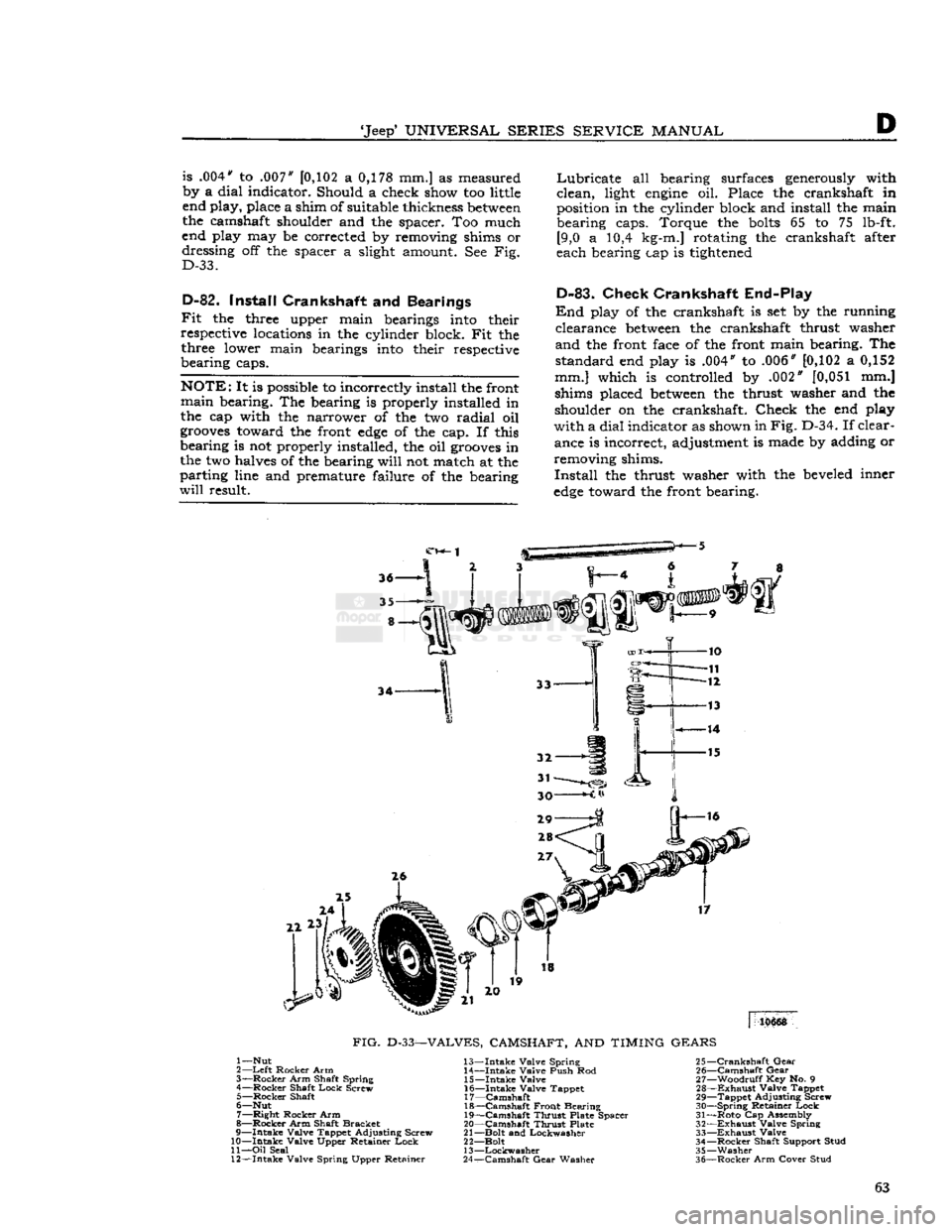 JEEP DJ 1953 Owners Manual 
Jeep
 UNIVERSAL SERIES SERVICE
 MANUAL 

D 
is .004" to .007"
 [0,102
 a 0,178 mm.] as measured 
by a dial indicator. Should a check
 show
 too little 
end play, place a shim of suitable thickness
